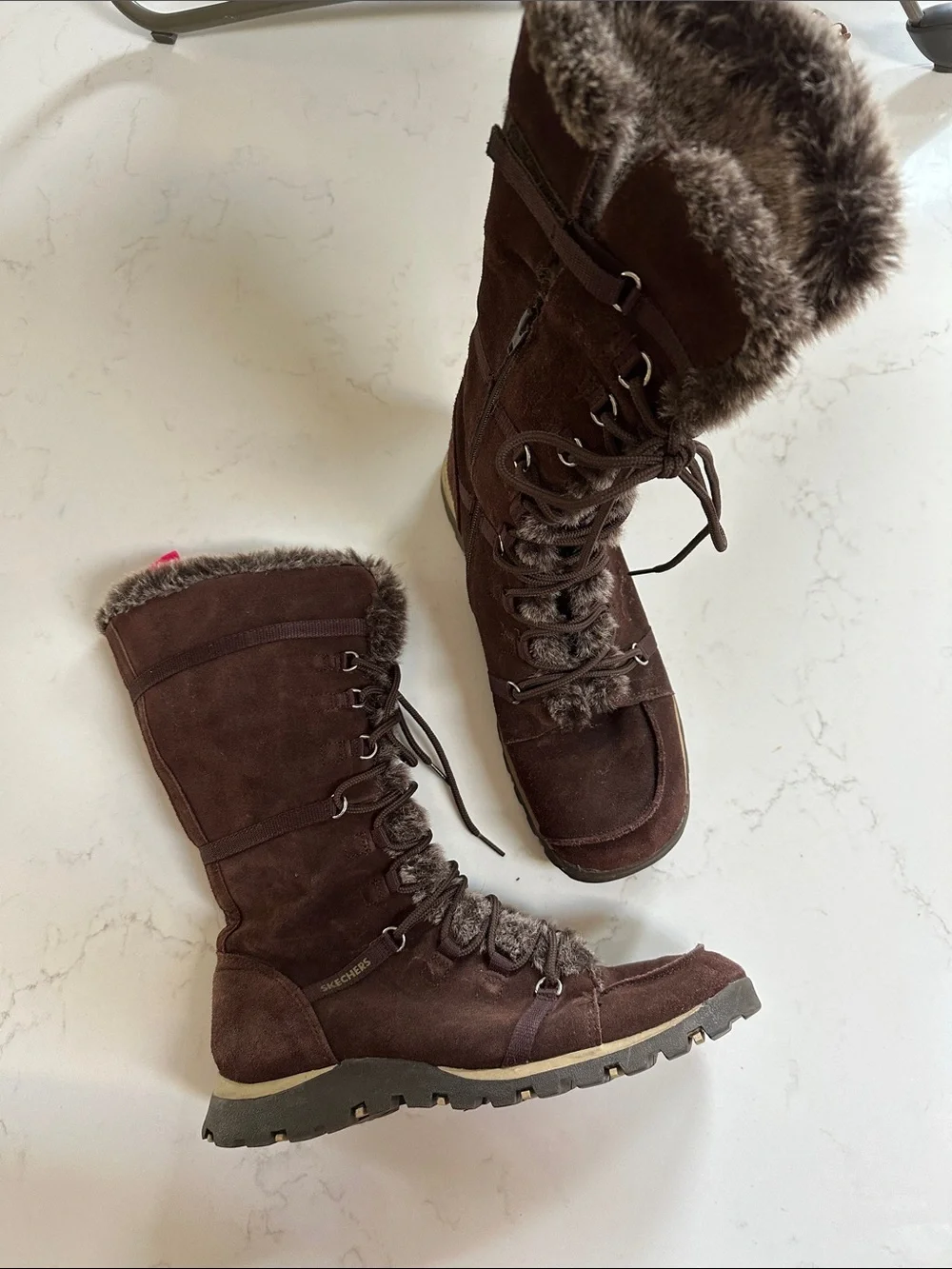 Skechers Women's Dark Brown Suede Faux-Fur Lace-Up Winter Boots